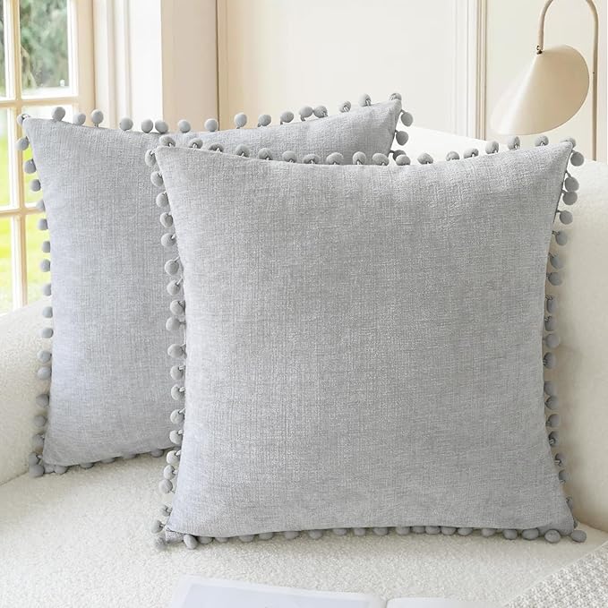 CaliTime Throw Pillow Covers Decorative 18 X 18 Inches Pack of 2 Cozy Solid Dyed Soft Chenille Cushion Cases with Pom Poms for Couch Sofa Bed Living Room Home Moonbeam Gray