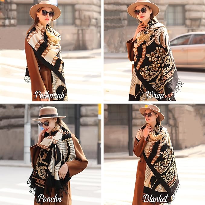 DANA XU 100% Merino Wool Pashmina Shawl for Women 96"x43", Oversized Cashmere Wrap with Tassels, Floral Travel Blanket Cape