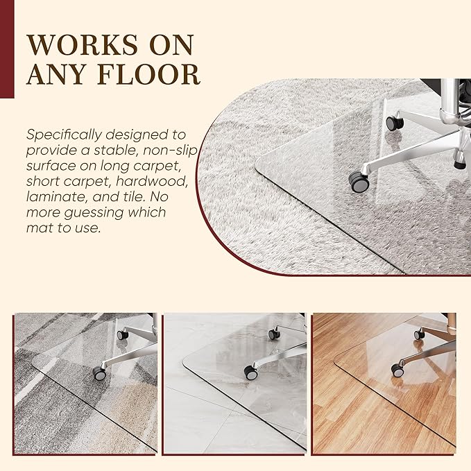 45"x55" Tempered Glass Office Chair Mat for Carpet & Hardwood Floor, 1/5" Thick Clear Floor Protector Desk Chair Mat with Rounded and Polished Edges