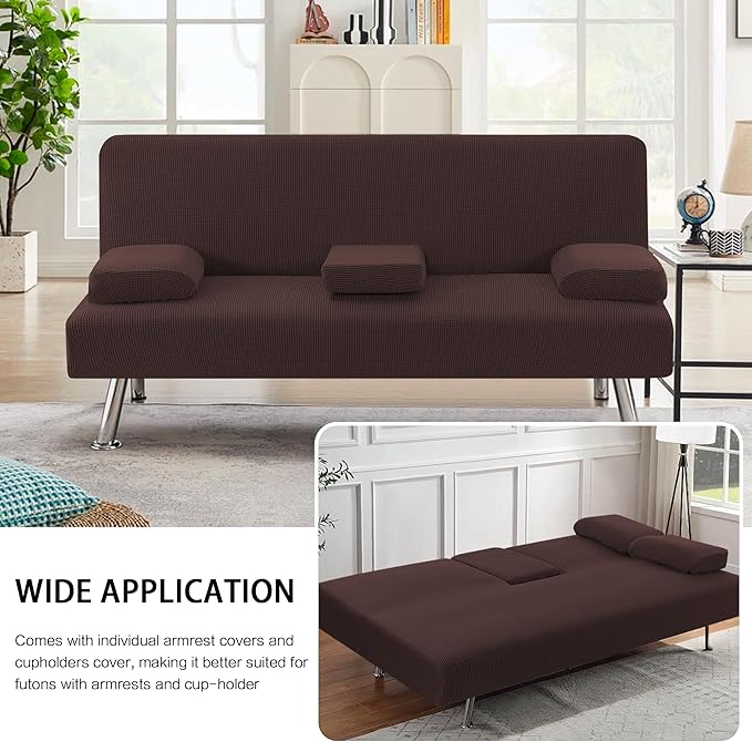 H.VERSAILTEX 4 Pieces Stretch Futon Covers Sofa Bed Slipcover with Removable Armrests and Cupholders Covers Furniture Protector High Spandex Small Checks Jacquard Fabric, Chocolate