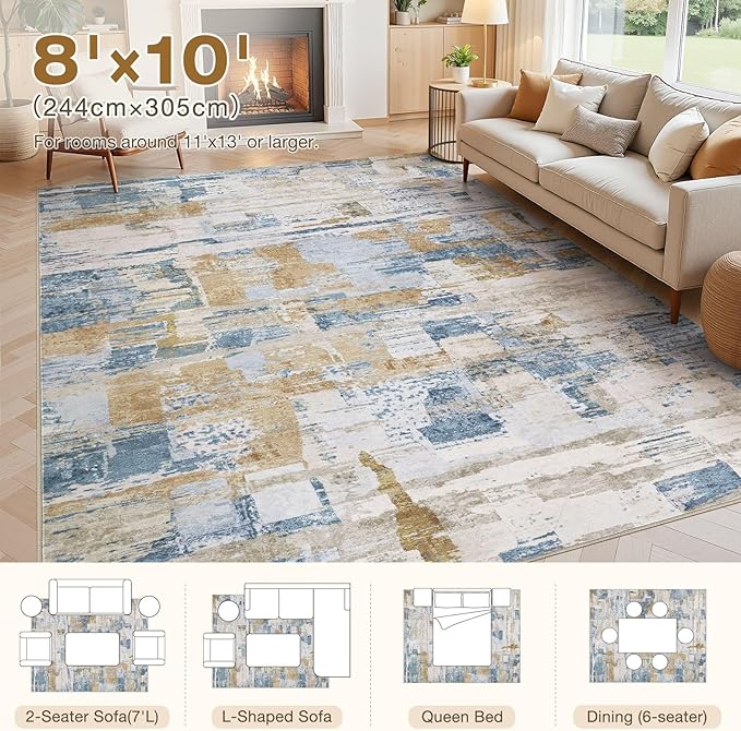 Abstract Living Room Rug 8x10 - Modern Washable Soft Thin Area Rug for Living Room Bedroom Under Dining Table - Neutral Indoor Floor Rug Carpets for Home Office Playroom Nursery - Blue Gold