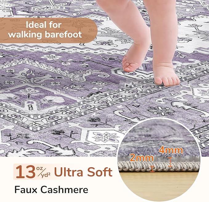 OPPODREAM Thin 8x10 Area Rugs, Washable Rugs 8x10 with Non Slip Backing, Faux Cashmere Low-Pile 8 x 10 Carpet, Purple