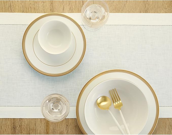 Solino Home Linen Ivory Table Runner 156 Inches Long - 100% Pure Linen Extra Long Table Runner 14 x 156 Inch for Christmas, New Year - Classic Hemstitch