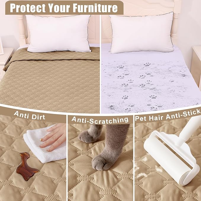 Smiry Waterproof Dog Bed Cover Blanket, Soft Reversible Pet Blanket, Washable Leakproof Cats Dogs Couch Cover for Sofa, Couch, Furniture, Plaid (82x82 Inch, Camel/Beige)