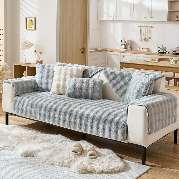 Faux Fur Couch Cover Fuzzy Soft Plush Thick Bubble Sofa Cover Luxury Sectional Couch Covers Luxury Anti-Slip Sofa Slipcover Washable Furniture Protector (Light Grey,36"x63")