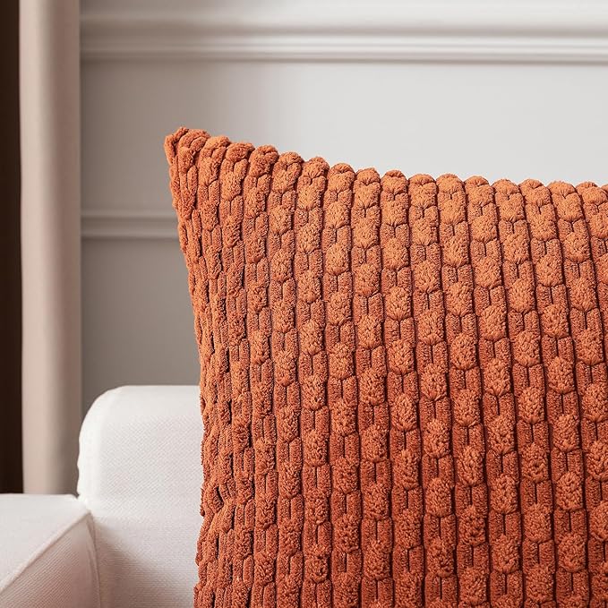 Kevin Textile Fall 14x24 Inch Pillow Cover 1 Pack Boho Decorative Soft Striped Corduroy Lumbar Farmhouse Solid Color Accent Rectangle Cushion Case for Living Room Couch Sofa Bed, Rust
