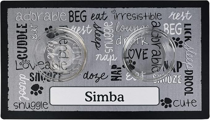 Drymate Personalized Pet Bowl Placemat, Custom Dog & Cat Food Feeding Mat - Absorbent Fabric, Waterproof Backing - Machine Washable/Durable (USA Made) (16" x 28") (Linen Black)