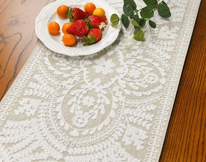 KEVA Boho Table Runner 91inches Long, Farmhouse Rustic Vintage White Embroidered Table Runners 13x91 Inch for Dining Table Decorations