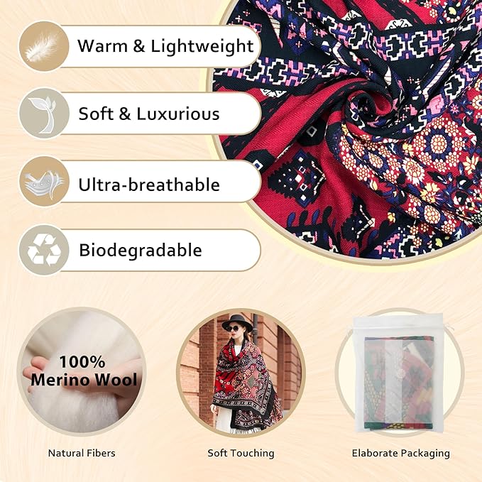 DANA XU 100% Merino Wool Pashmina Shawl for Women 96"x43", Oversized Cashmere Wrap with Tassels, Floral Travel Blanket Cape
