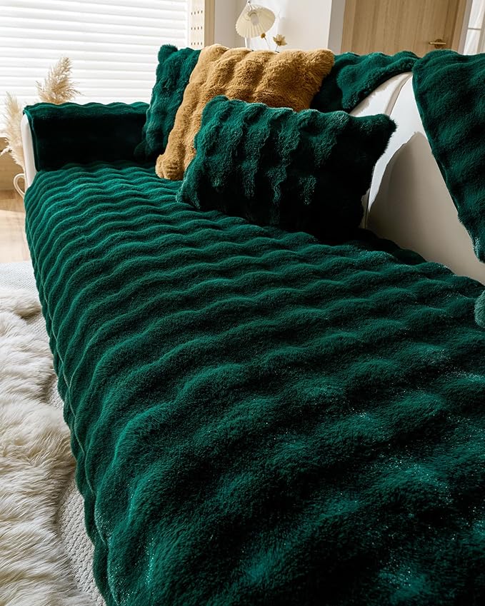 Christmas Faux Fur Couch Cover Fuzzy Soft Plush Thick Bubble Sofa Cover Luxury Sectional Couch Covers Luxury Anti-Slip Sofa Slipcover Washable Furniture Protector (Dark Green,36"x47")