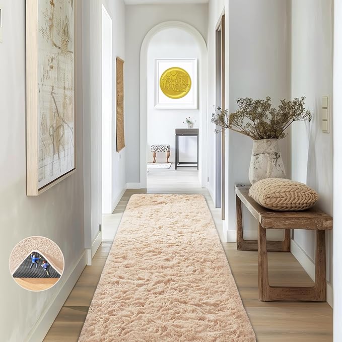 Ophanie Runner Rug for Hallway, 2x6 Upgrade Non-Slip Fluffy Soft Bedside Rugs, Bedroom Living Room Beige Shaggy Carpet for Kids Girls Boys Dorm Nursery Home Decor Aesthetic