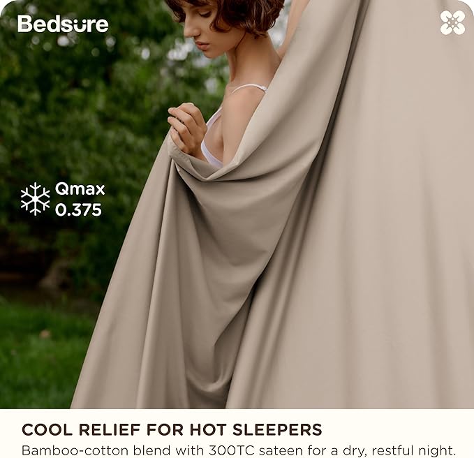 Bedsure Cooling Sheets, Rayon Derived from Bamboo & Cotton Blend, GentleSoft, Breathable, King Size Sheets Set, Deep Pocket Up to 18", Hotel Luxury Bedding for Hot Sleepers, Simply Taupe