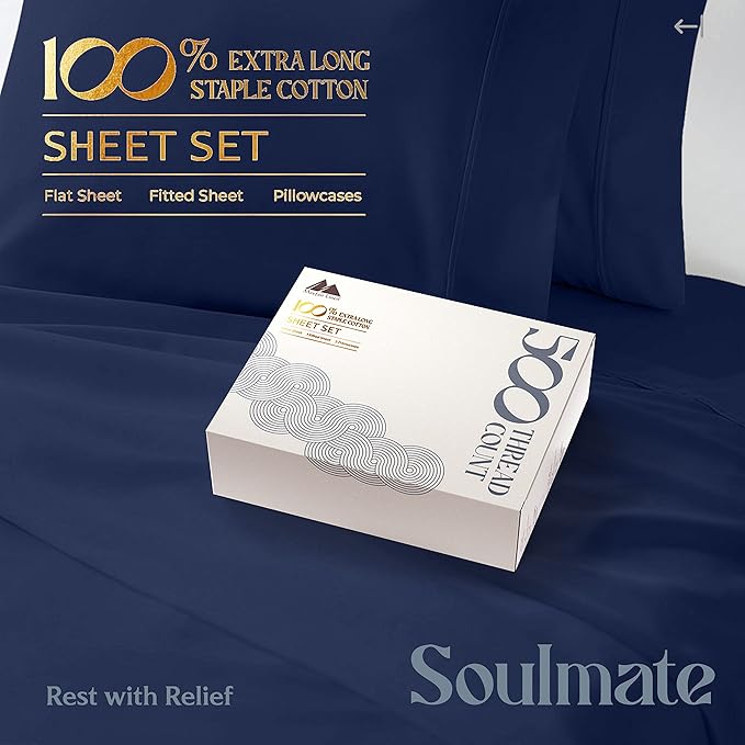 Mayfair Linen 500 Thread Count Split King Sheets Sets for Adjustable Bed - 5 PC Split King Size Bed Sheet Set Cotton (Navy Blue), Soft, Cooling, Sateen 16" Deep Pocket Bedsheet (Fits 18" Mattress)