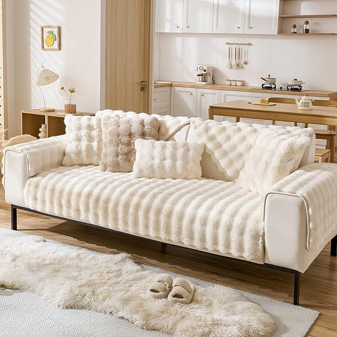 Faux Fur Couch Cover Fuzzy Soft Plush Thick Bubble Sofa Cover Luxury Sectional Couch Covers Luxury Anti-Slip Sofa Slipcover Washable Furniture Protector (Ivory,28"x82")