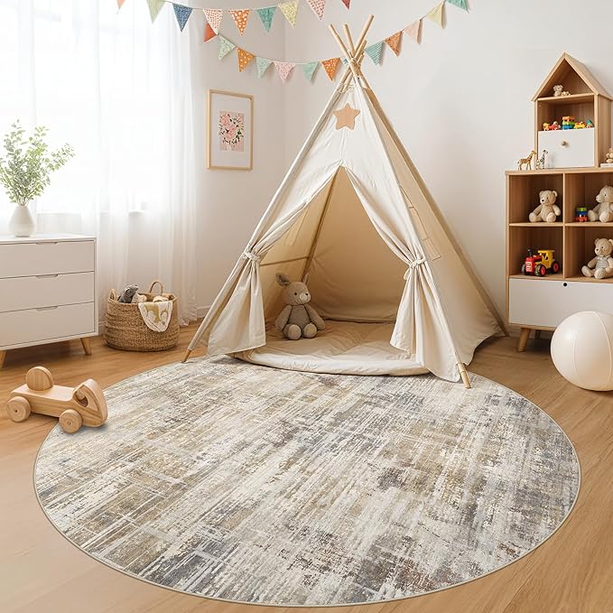6ft Round Area Rug for Living Room: 6x6 Washable Neutral Abstract Modern Soft Rugs Non Slip Indoor Floor Stain Resistant Carpet for Bedroom Dining Room Office Nursery - Golden Brown