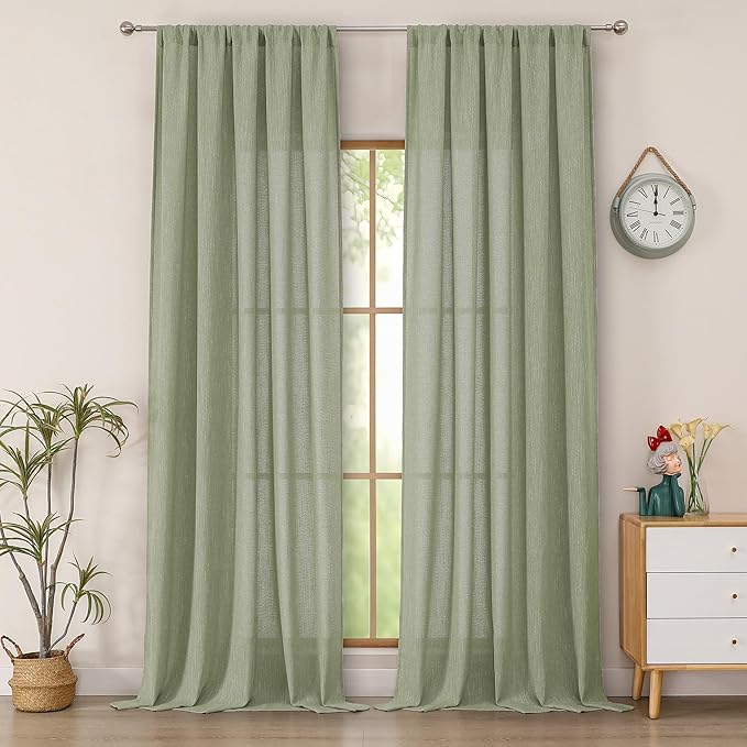 Simplebrand Sage Green Semi Sheer Faux Linen Textured 120 Inches Long Curtains 2 Panels Set, Privacy Farmhouse Window Drapes for Living Room/Birthday Party/Hallway Window Guest Room, 50 x 120 Inch