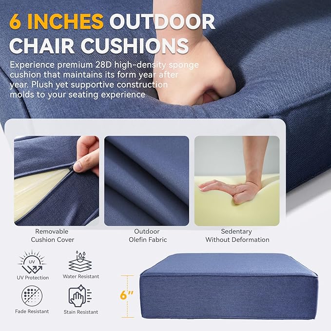Outdoor Cushion Set for Furniture Patio Furniture, UV Resistant, Water Resistant - 6 Inch Thick Foam Garden Cushions– 22x24 Inch Patio Seat Covers for Chair/Sofa/Couch | Blue | 4-Pack |