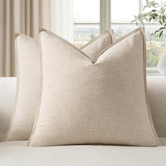 EMEMA Decorative Linen Throw Pillow Covers 20x20 Inch Natural Beige Boho Farmhouse Neutral Couch Throw Pillows for Bed Pack of 2 Accent Pillowcase Modern Sofa Cushion Livingroom Home