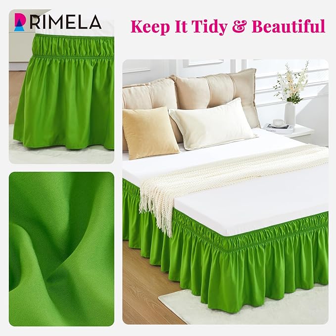 RIMELA Green Bed Skirt King Size 18 Inch Drop, Elastic Bed Skirting for Bed Base and Frame, Bedding Dust Ruffle Easy to Install, Lightweight Wrap Around Adjustable Bedskirt