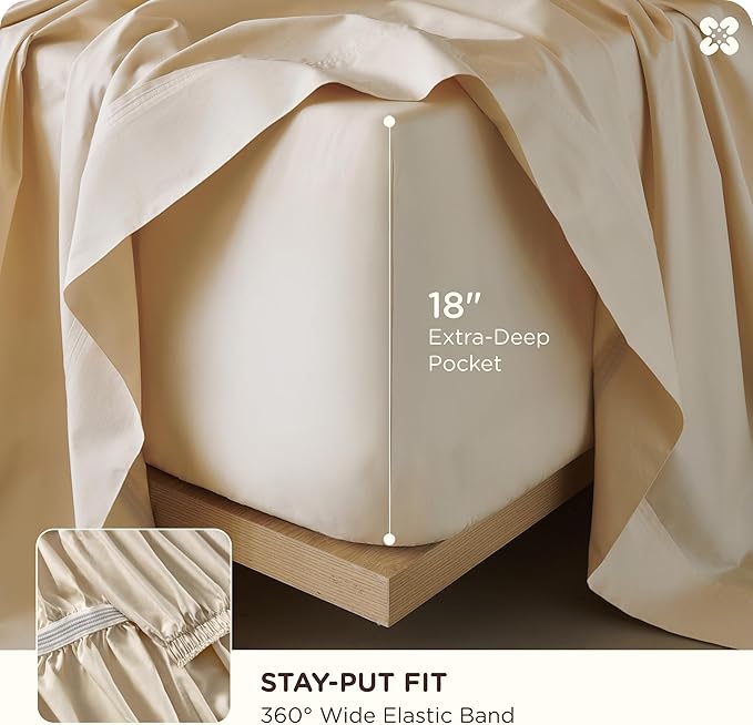 Bedsure Cooling Sheets Queen Size, Rayon Derived from Bamboo & Cotton Blend, GentleSoft, Breathable, Queen Sheet Set, Deep Pocket Up to 18 Inches, Hotel Luxury Bedding for Hot Sleepers, Beige