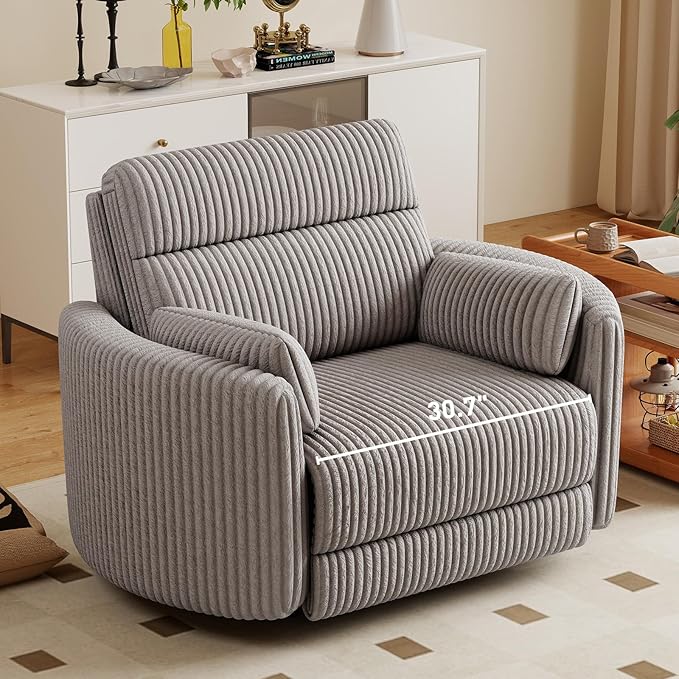 Bonzy Home Oversized Electric Recliner Chair for Adults with Extra-Wide Seat Cushion, Overstuffed Corduroy Power Recliner, Modern Round Single Sofa with 2 Pillows for Living Room, Bedroom, Grey
