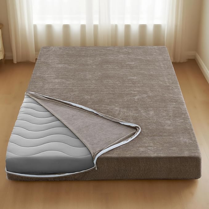 H.VERSAILTEX Queen Size Armless Futon Mattress Covers for Traditional Japanese Futon Mattress Soft Chenille Couch Slipcovers Floor Mats Sofa Protector Zippered Sleeper Sofa Cover,Taupe