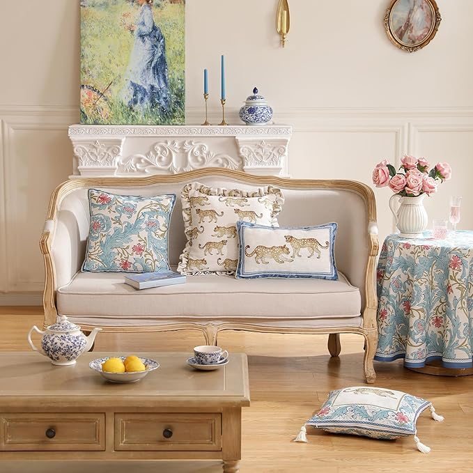 patdrea Designer Throw Pillow Covers for Couch 18"x18",Vintage Linen Pillows Cover with Cheetah Pattern and Luxury Ruffle,Farmhouse Decorative Pillowcases for Bed Living Room Outdoor Set of 1