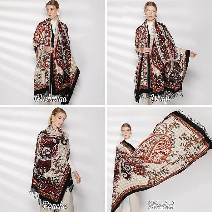 DANA XU 100% Merino Wool Pashmina Shawl for Women 96"x43", Oversized Cashmere Wrap with Tassels, Floral Travel Blanket Cape