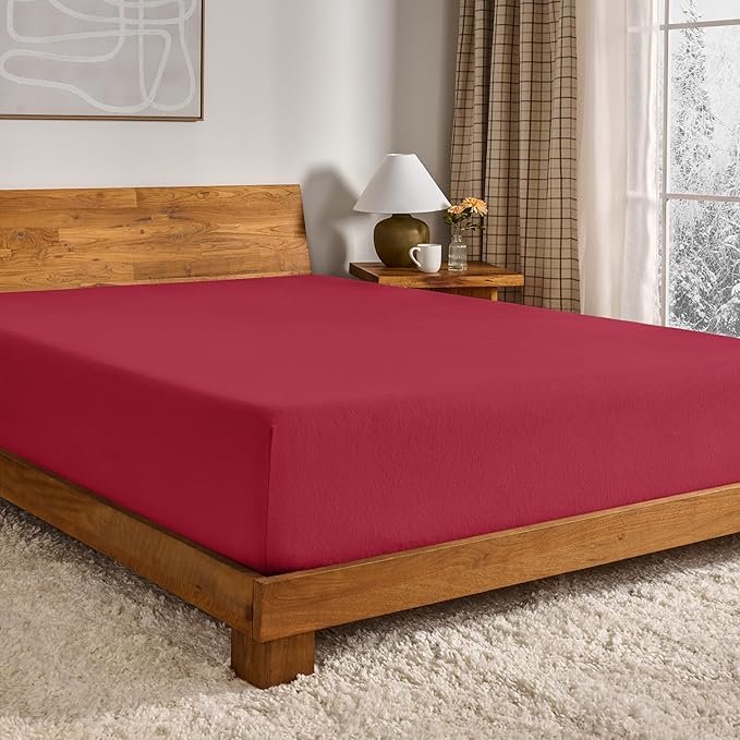 Bare Home Flannel Fitted Bottom Sheet 100% Cotton, Velvety Soft Heavyweight - Double Brushed Flannel - Deep Pocket (King, Red)