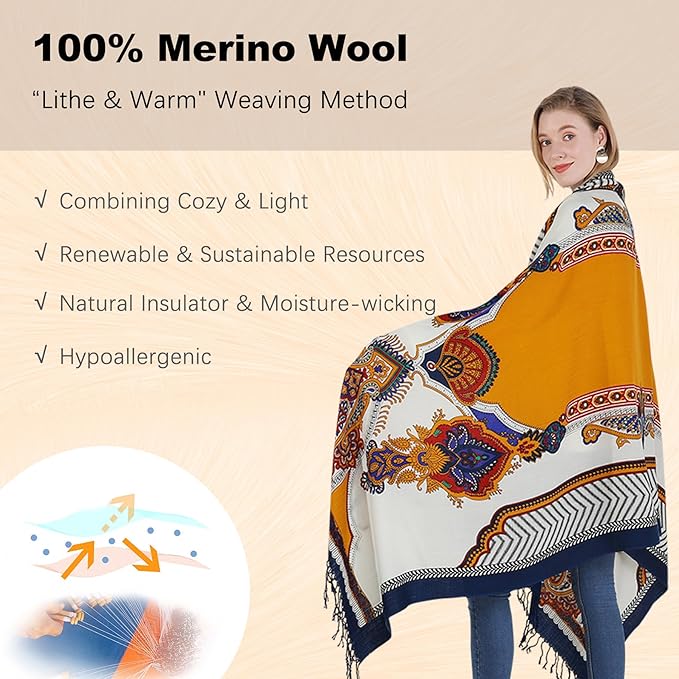DANA XU 100% Merino Wool Extra Large Pashmina Blanket Travel Scarf Cashmere Wrap for Women Fall Winter Oversize Shawl Floral