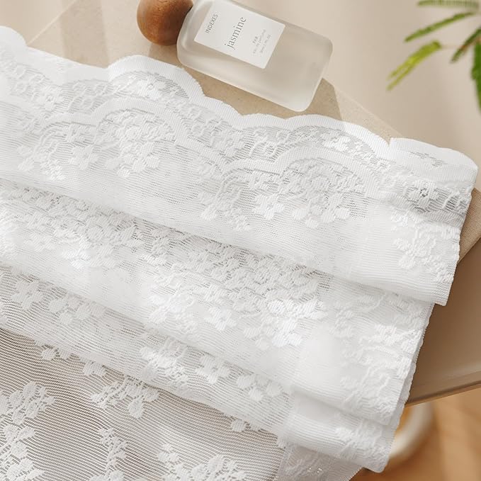 Anmao Vintage Lace Curtains 108 Inches Long 2 Panels Set, Romantic Elegant Light Filtering Semi Sheer Floral Thick Lacy Curtain Drapes for Living Room and Bedroom, Each Panel 55W x 108L, Bright White