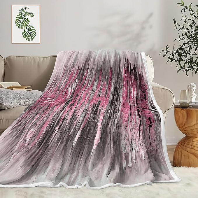 Abstract Throw Blankets, Modern Pink Gold crackNon Cozy Warm Bed Couch Blanket, Stripe Contemporary Abstract Painting White Fleece Flannel Throws to Decorate The Room and Bedroom