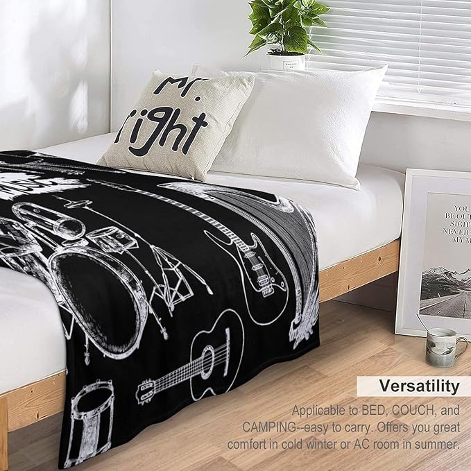 Music Blanket Drums Piano Guitar Black White Abstract Art Printed Soft Cozy Lightweight Throw Blanket for Kids Girls Boys Women Bedroom Living Room Dorm Chair Sofa Travel 40x50in