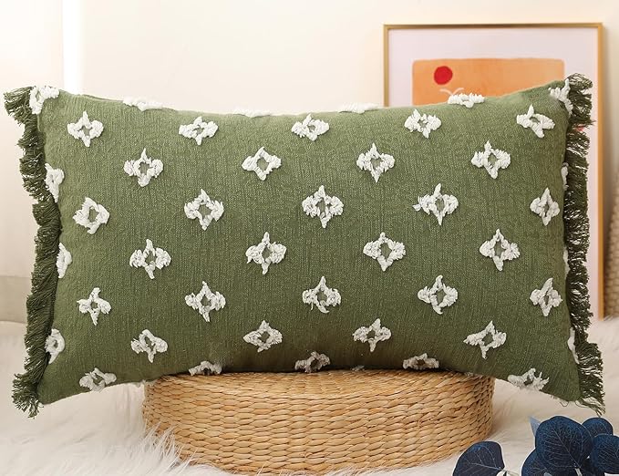 Boho Long Lumbar Pillow Cover 14x26 with Tassel,3D Flower Patterned Cotton Decorative Long Lumbar Pillow Cover Pillow Case for Sofa Couch Bed Livingroom Farmhouse,Sage Green