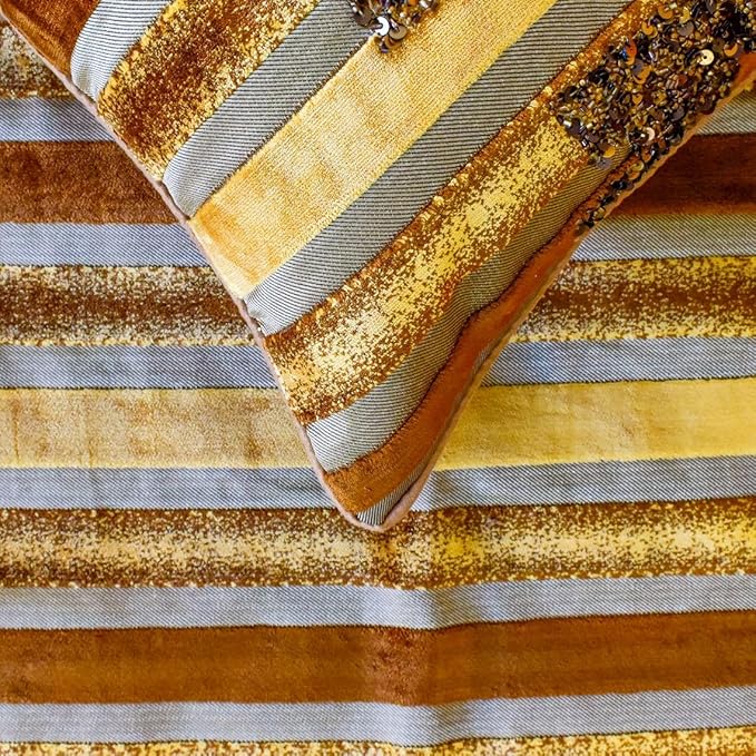 The HomeCentric King/Queen/Twin Gold & Brown Decorative King 90"x18" Bed Runner with One Pillow Cover, Striped, Beadwork & Handmade Bed Scarf on Velvet Fabric - Streamlined