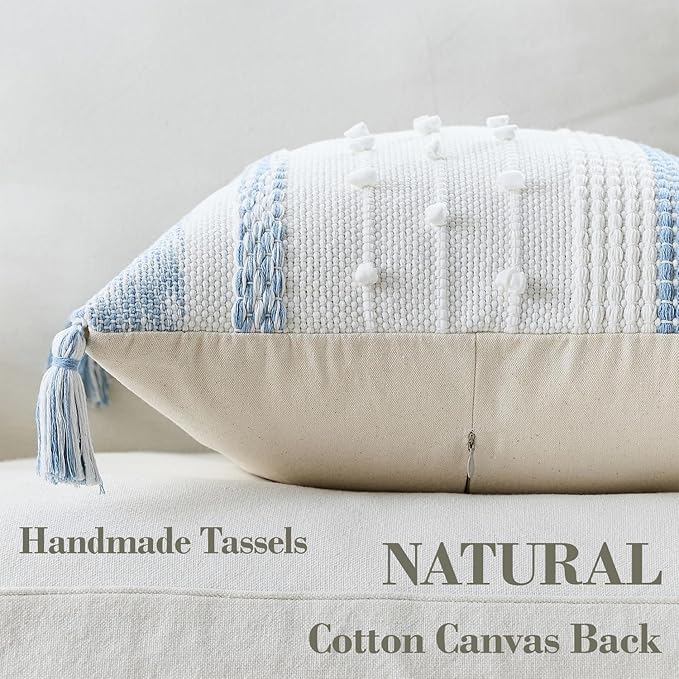 Boho Pillow Cover 18x18 Coastal Blue - Handmade Woven Textured Throw Pillow Case with Cordings & Tassels, Decorative Accent for Couch Sofa Farmhouse Living Room Home Decor