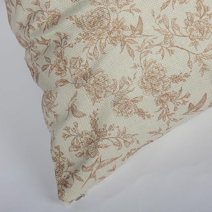 Brown Floral Pillow Cover 18x 18 Set of 2, Vintage Block Print Blooming Flower and Bird Decorative Linen Pillow Cushion Case,Modern Home Decor for Outdoor Couch Bedroom Car