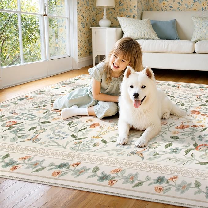 Lahome Floral Area Rug 9x12, Non-Slip Untra-Thin Washable Living Room Rugs, Vintage Botanical Print Low-Pile Soft Botanical Rug for Bedroom Dining Room Office, Beige