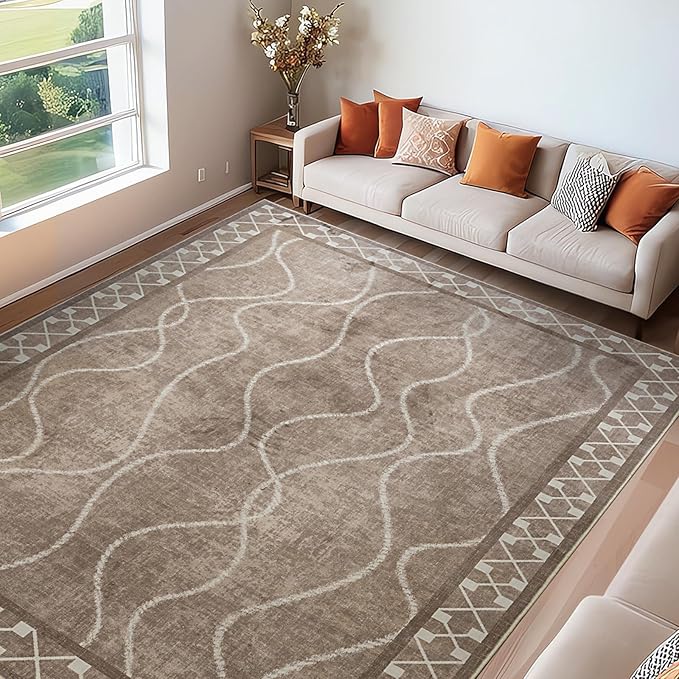 Area Rugs 6x9 Washable Rug, Non-Slip Rugs for Living Room, Low Pile Bordered Rugs Alfombras, Large Print Rubber Backing Indoor Carpet for Home Decor Bedroom Nursery Dining Room, Brown