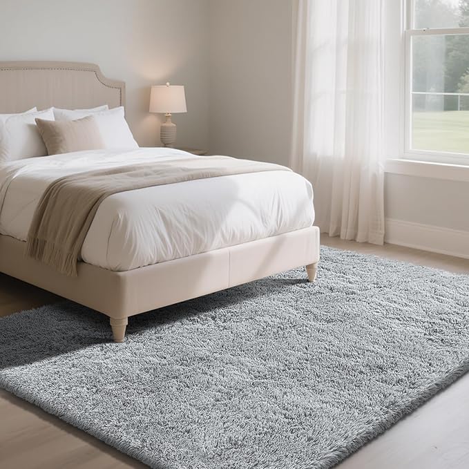 Fluffy Rug Shaggy Area Rug, Grey 4x6 Area Rugs for Bedroom, Small Bedside Rug, Soft Fluffy Shaggy Entryway Throw Rugs for Living Room Bedroom Kids Room Home Decor