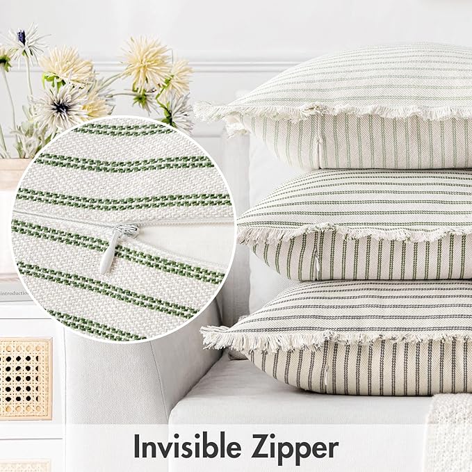 MIULEE Pack of 2 Olive Green Christmas Pillow Covers 18x18 Inch Striped Farmhouse Couch Throw Pillow Covers with Fringe Chic Linen Decorative Cushion Covers for Sofa Living Room Bed Outdoor Home Decor