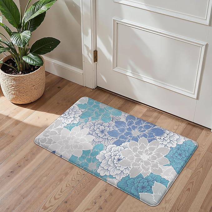 GENIMO Kitchen Mats for Floor, Kitchen Rugs Non Slip Washable Sets of 2, Waterproof Cushioned Anti Fatigue Mat, Floral Runner Rug for Laundry, Sink, Office, Home, 17.3"x59"+17.3"x30", Sky Blue