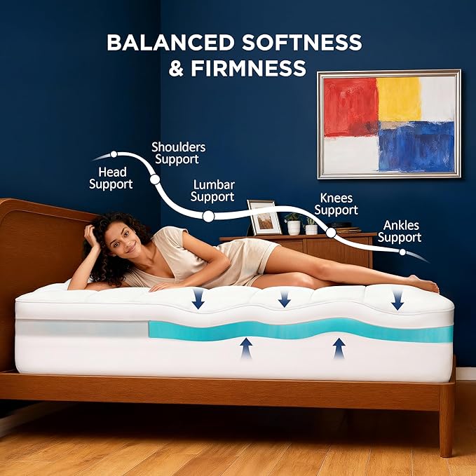 Queen Size Dual Layer 4 Inch Memory Foam Mattress Topper, 2 Inch Cooling Gel Memory Foam and 2 Inch Washable Soft Pillow Top Mattress Pad Cover, 8-24 Inch Deep Pocket, Medium Firm Support