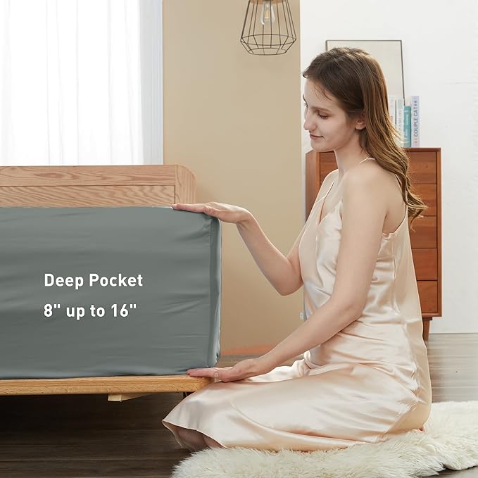 Sunflower Full Fitted Sheet, 1-Piece Deep Pocket Fitted Bottom Sheet 16", 100% Cotton Sateen Soft Breathable, Ultimate Gray