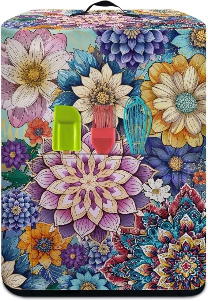 Dust Cover for Kitchen Air Fryer Accessories, Kitchen Appliance Dust Covers Dust Protection with Storage Pockets Home Kitchen Decorations, Boho Flower Purple Blue