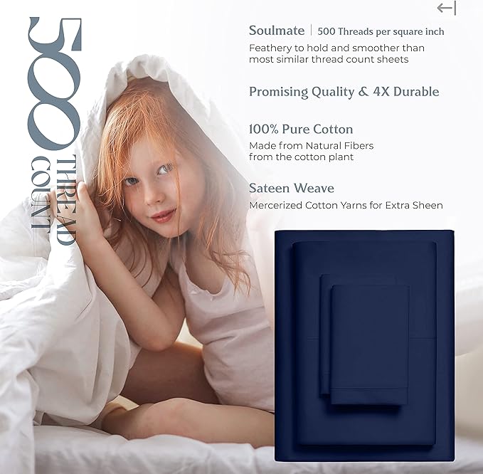 Mayfair Linen 500 Thread Count 100% Cotton Sheets King Size Bed Set - 4 PC King Bed Sheet Set Cotton (Navy Blue), Soft, Cooling, Sateen 16" Deep Pocket Bedsheet for Hot Sleepers (Fits 18" Mattress)