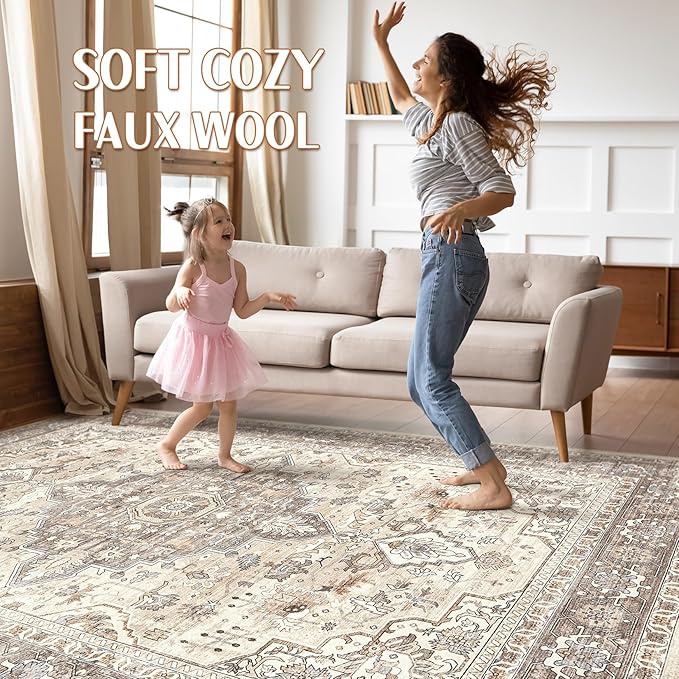 6x8 Area Rug Living Room: Washable Boho Large Neutral Vintage Soft Rugs Stain Resistant Farmhouse Non-Slip Indoor Floor Carpet for Bedroom Nursery Kids Playroom Office Dining Room- Beige Brown