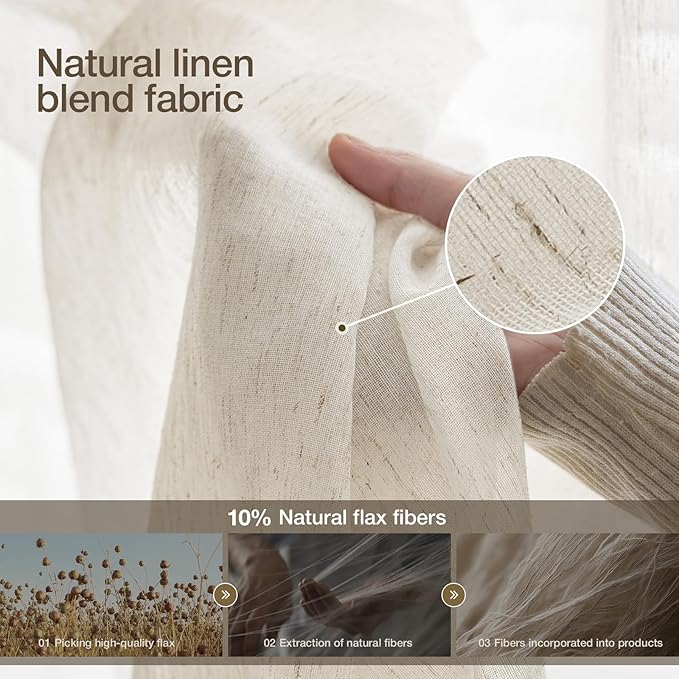 Anmao Flax Linen Curtains for Living Room 90 Inch Length 2 Panels Set, Light Filtering Sheer Window Curtain Drapes for Bedroom with Nickel Grommet, 52 Inch Wide Each Panel, Ivory Color