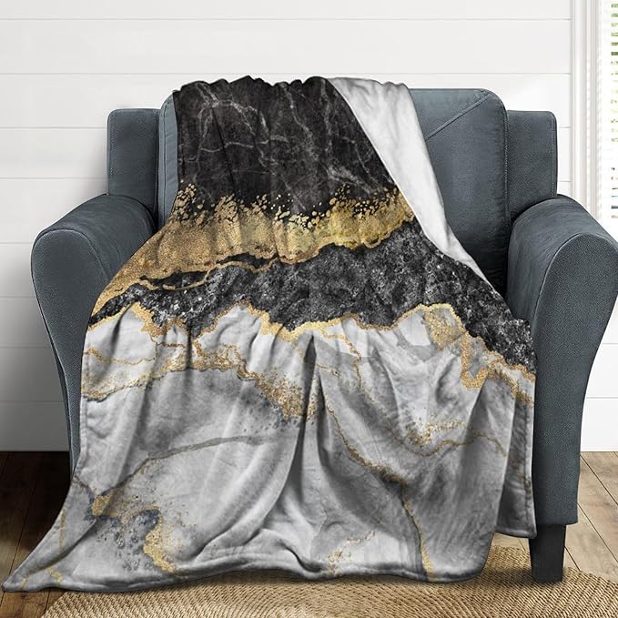 Modern Marble Blanket, Abstract Luxury Baroque Golden Black White Stone Veins Pattern Soft Warm Cozy Plush Flannel Covers for Livingroom Bedroom Couch Chair Camping Travel Home Decor Tapestry 30x40in