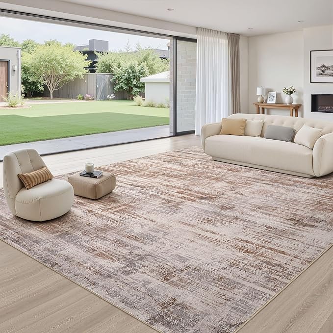 Area Rug for Living Room: 12x15 Washable Neutral Abstract Modern Soft Rugs Non Slip Indoor Floor Stain Resistant Large Carpet for Bedroom Dining Room Office Nursery - Red Brown
